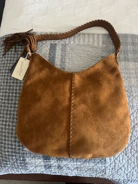 Suede Hobo Shoulder Bag in Cognac Brown